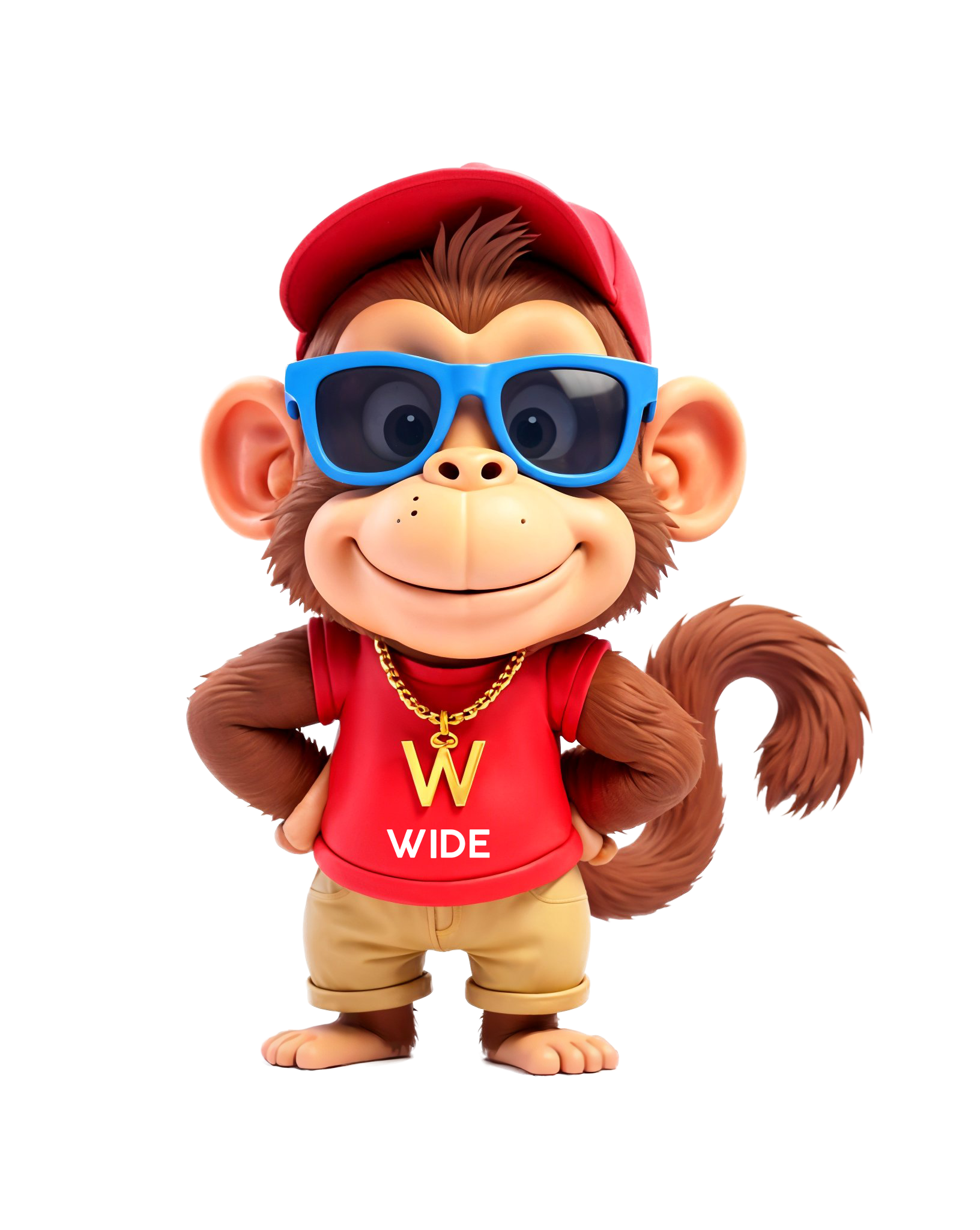 Mascota de Wide: mono sonriente con gorra roja, gafas azules y una W en su collar